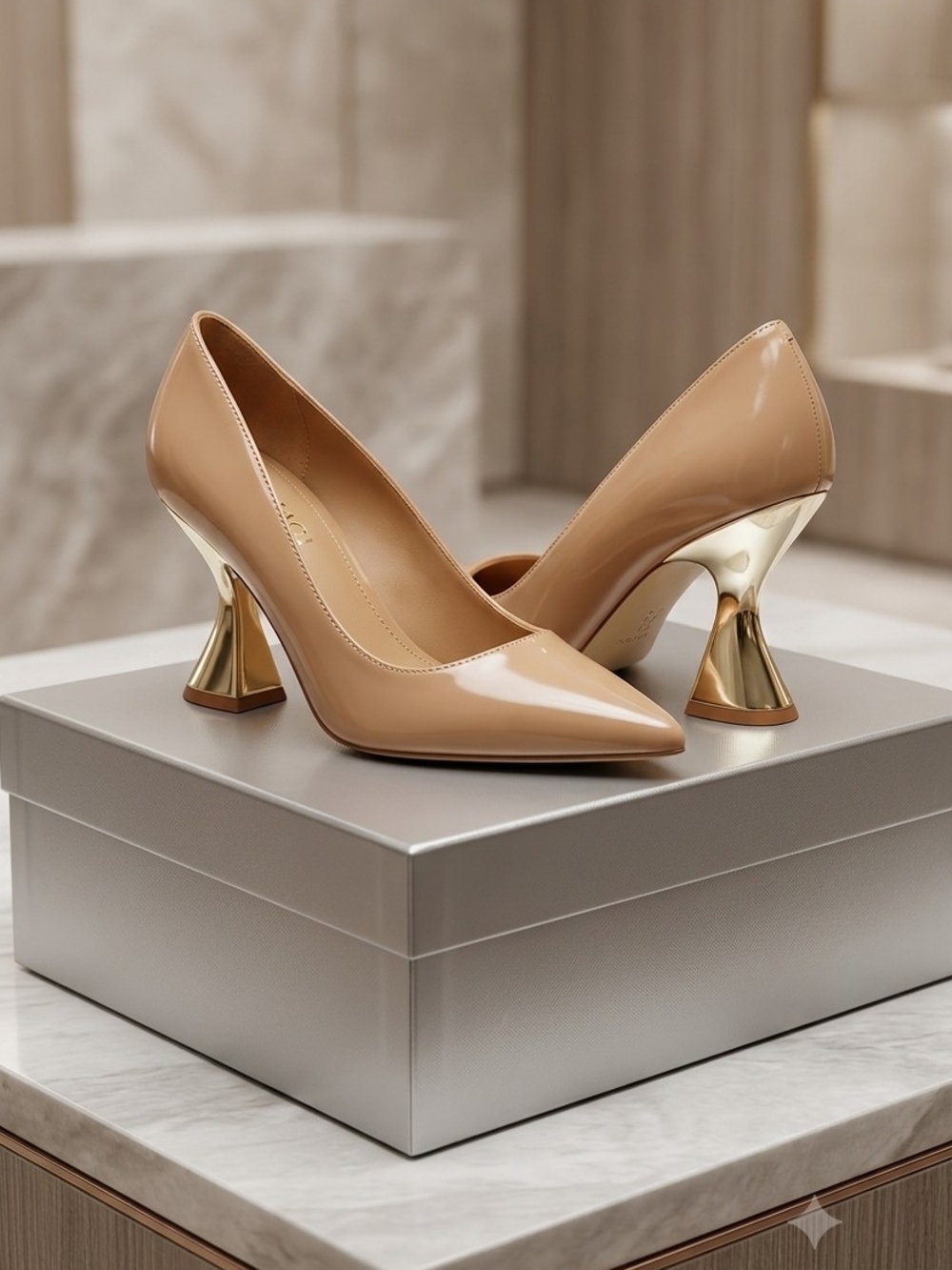 Katy Perry Collections Nude Patent Pointed Pumps with Gold Sculptural Heel